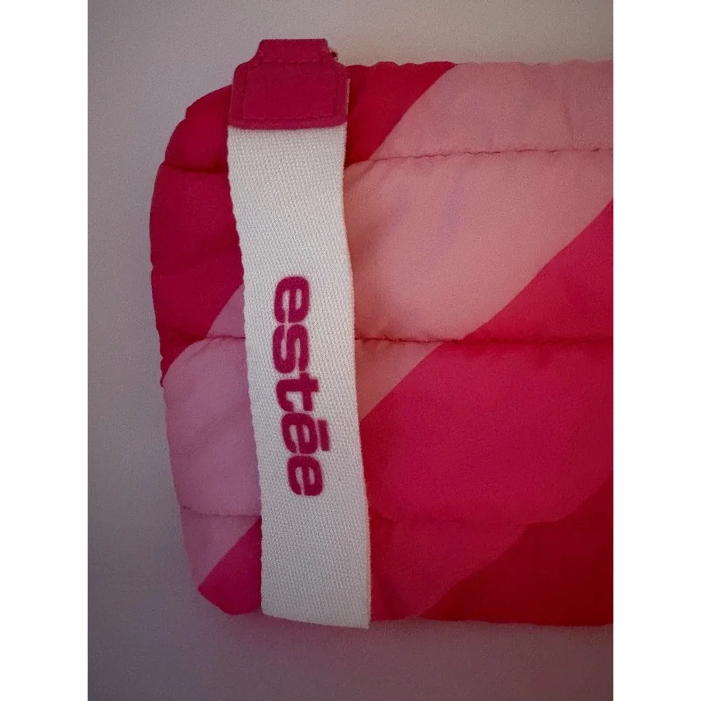 Estee Lauder Pink‎ Puffer Makeup Bag Quilted Striped Recycled Wristlet Pouch